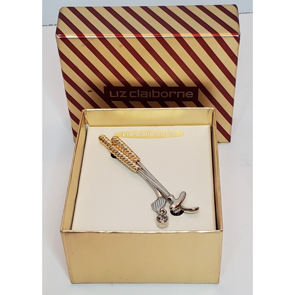 Vintage Signed Liz Claiborne Golf Club Silver/ Gold Pin Clear Crystal Rhinestone